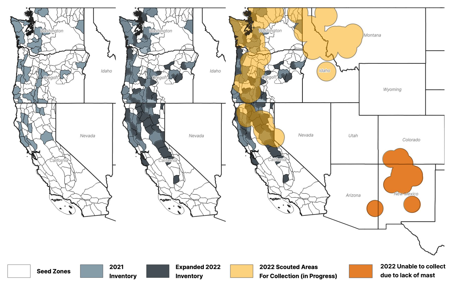 A seed zone map of scouting and collection areas for 2021-2022. A seed zone map of scouting and collection areas for 2021-2022.